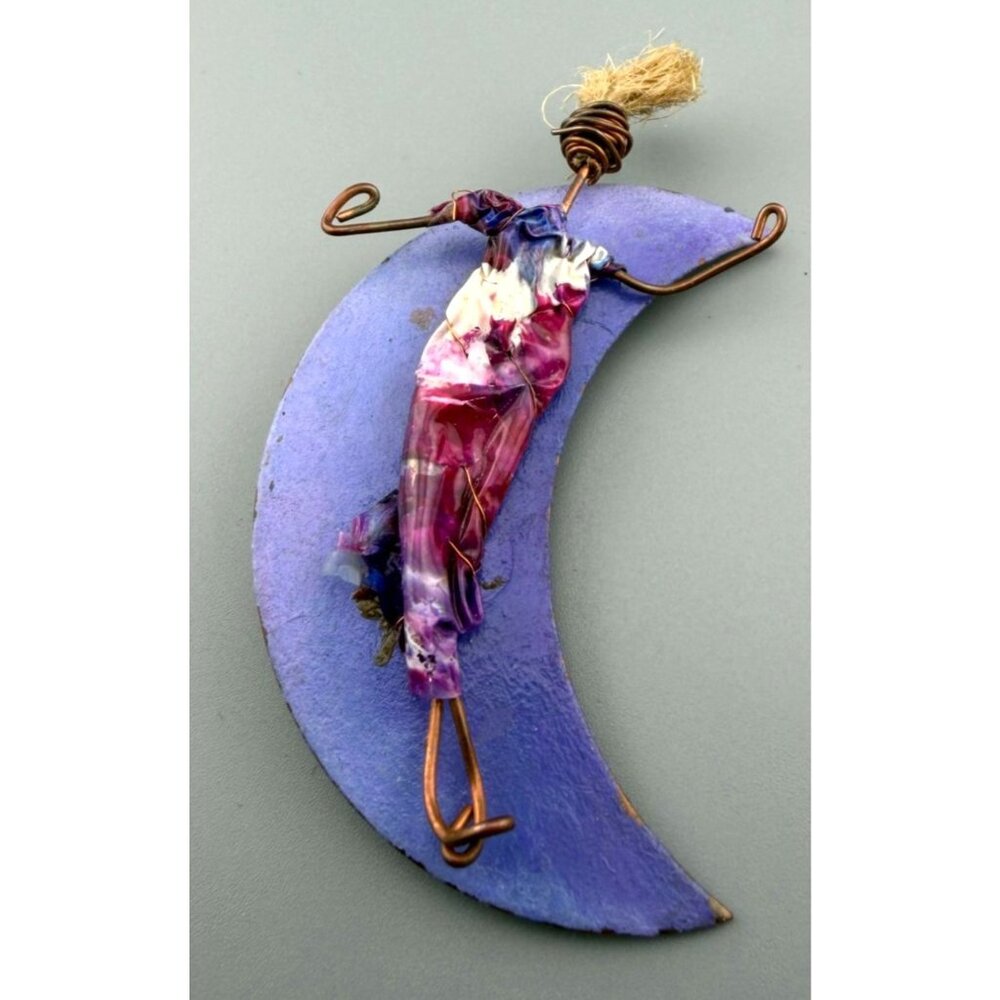 Vintage Brooch Crescent Moon Female Figure Mixed Media Folk Aet Enamel 3"